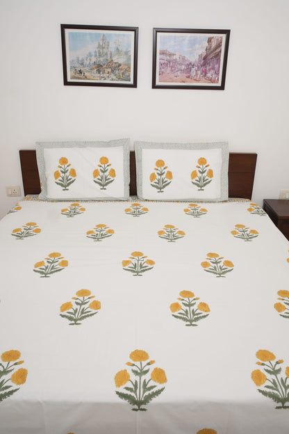 Yellow Poppy Handblock Cotton Percale 300 TC Bedsheet