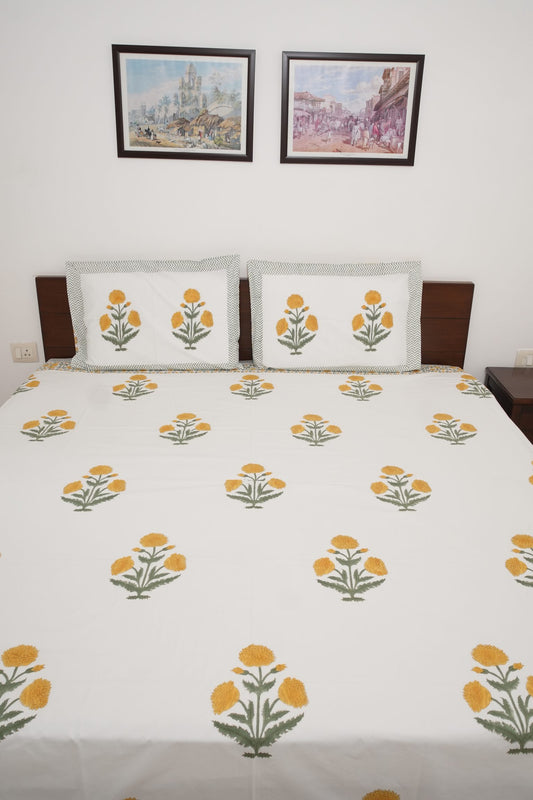 Yellow Poppy Handblock Cotton Percale 300 TC Bedsheet