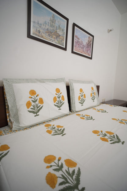 Yellow Poppy Handblock Cotton Percale 300 TC Bedsheet