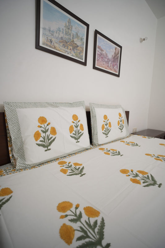 Yellow Poppy Handblock Cotton Percale 300 TC Bedsheet