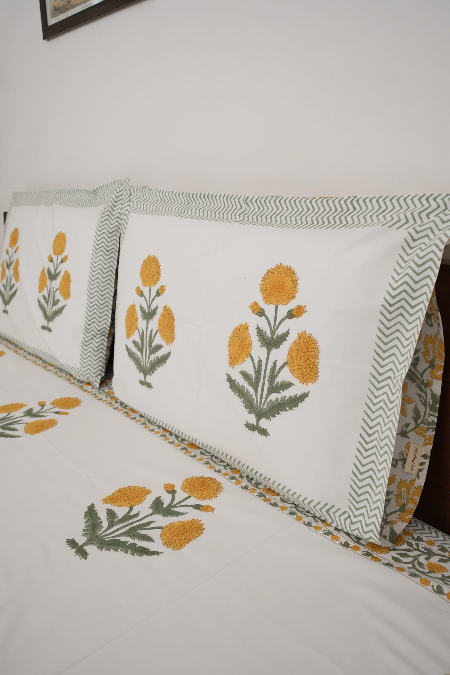 Yellow Poppy Handblock Cotton Percale 300 TC Bedsheet