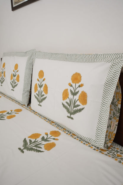 Yellow Poppy Handblock Cotton Percale 300 TC Bedsheet