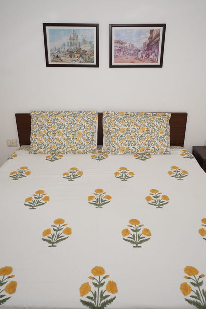 Yellow Poppy Handblock Cotton Percale 300 TC Bedsheet