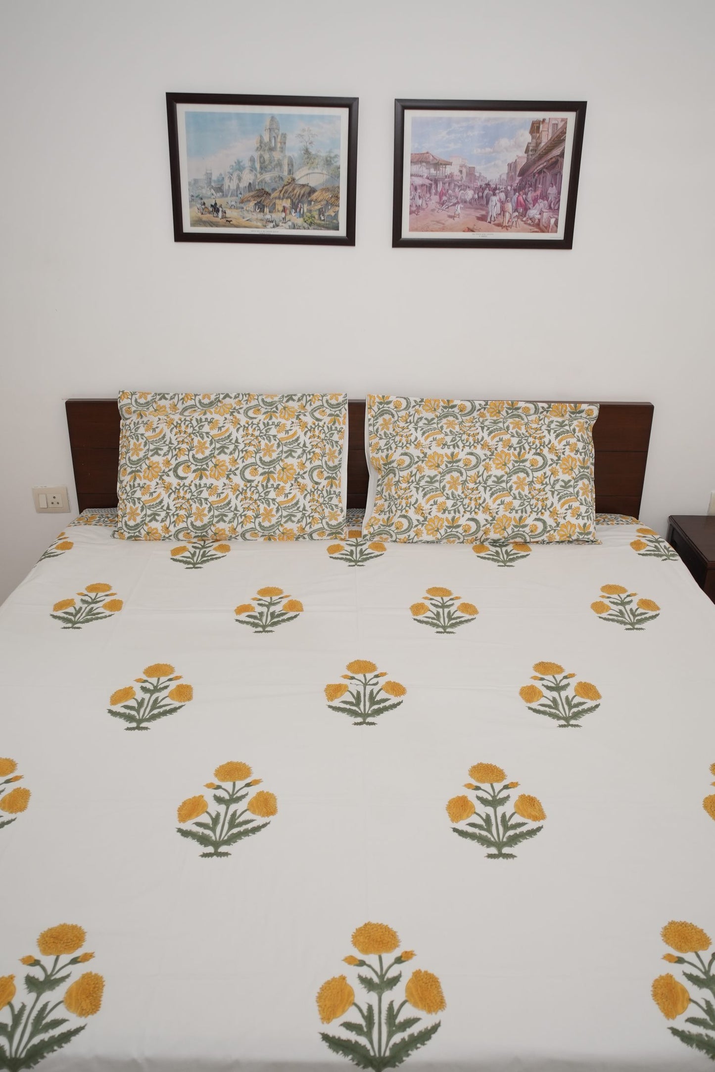 Yellow Poppy Handblock Cotton Percale 300 TC Bedsheet