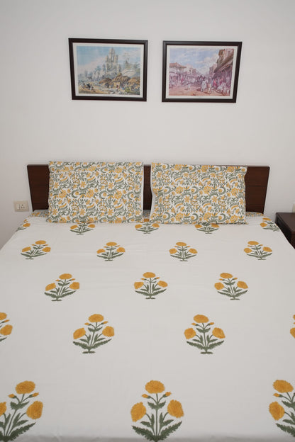 Yellow Poppy Handblock Cotton Percale 300 TC Bedsheet
