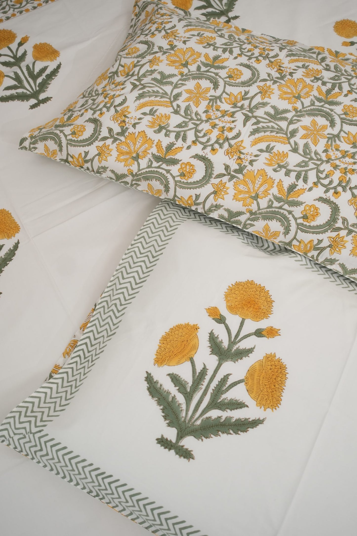 Yellow Poppy Handblock Cotton Percale 300 TC Bedsheet