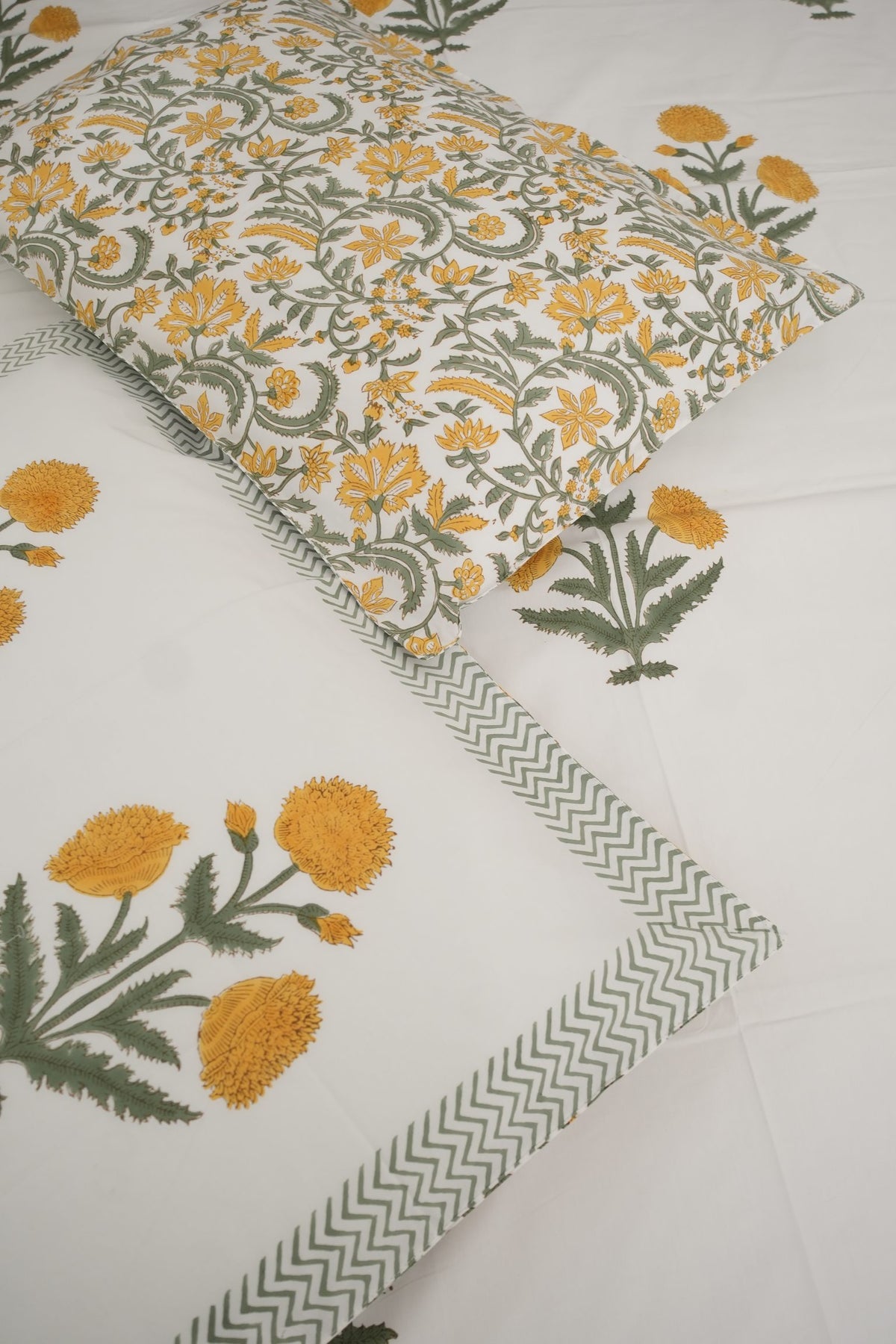 Yellow Poppy Handblock Cotton Percale 300 TC Bedsheet