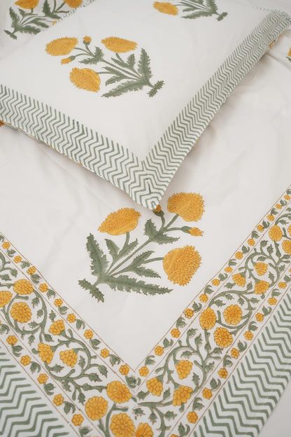 Yellow Poppy Handblock Cotton Percale 300 TC Bedsheet