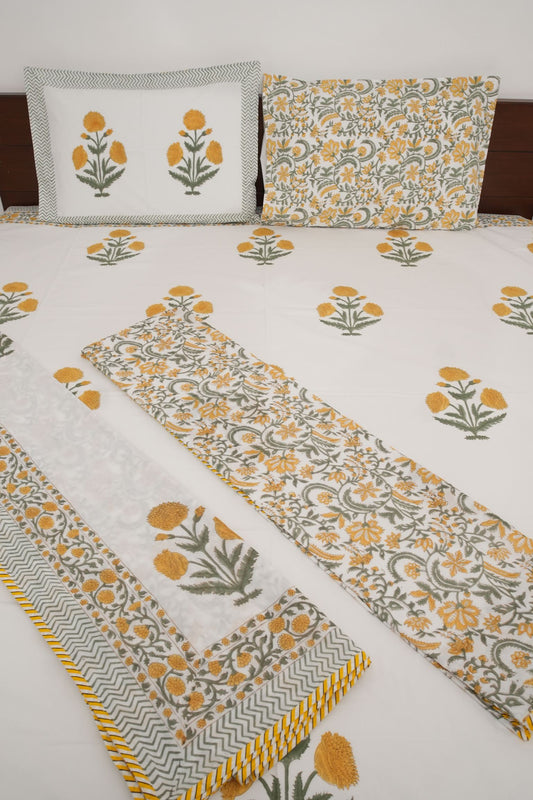 Yellow Poppy Reversible Handblock Cotton Percale 300 TC Bedsheet & Single Pair Dohar Set