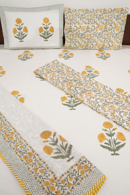 Yellow Poppy Reversible Handblock Cotton Percale 300 TC Bedsheet & Single Pair Dohar Set