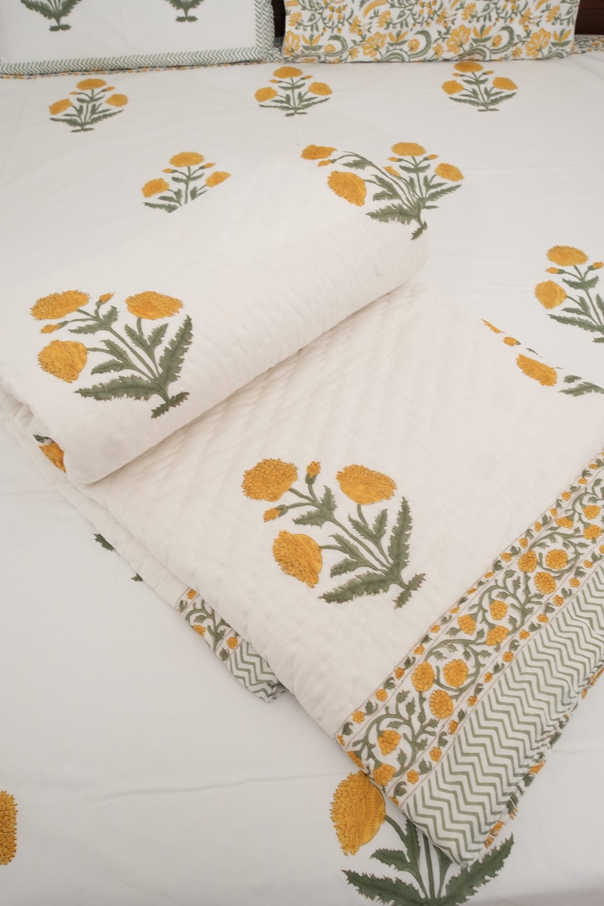 Yellow Poppy Handblock Cotton Percale 300 TC Bedsheet & Double Quilt Set