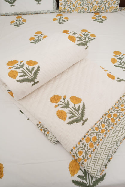 Yellow Poppy Handblock Cotton Percale 300 TC Bedsheet & Double Quilt Set