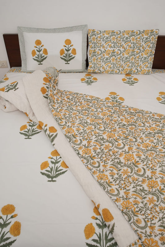 Yellow Poppy Handblock Cotton Percale 300 TC Bedsheet & Double Quilt Set