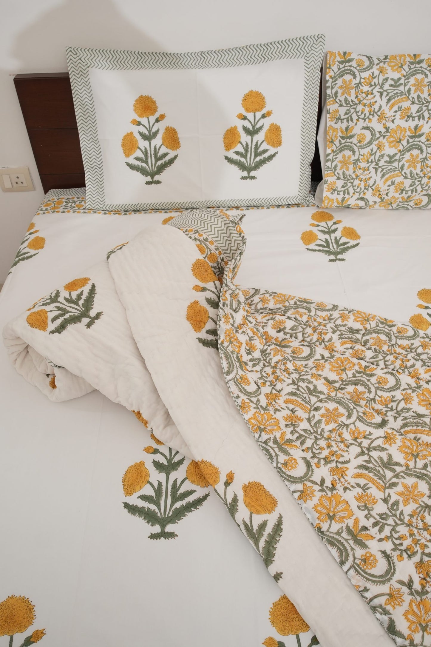 Yellow Poppy Handblock Cotton Percale 300 TC Bedsheet & Double Quilt Set