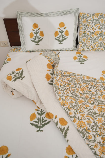 Yellow Poppy Handblock Cotton Percale 300 TC Bedsheet & Double Quilt Set