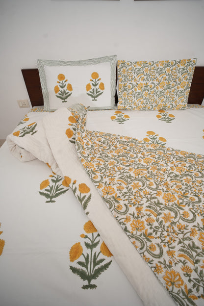 Yellow Poppy Handblock Cotton Percale 300 TC Bedsheet & Double Quilt Set