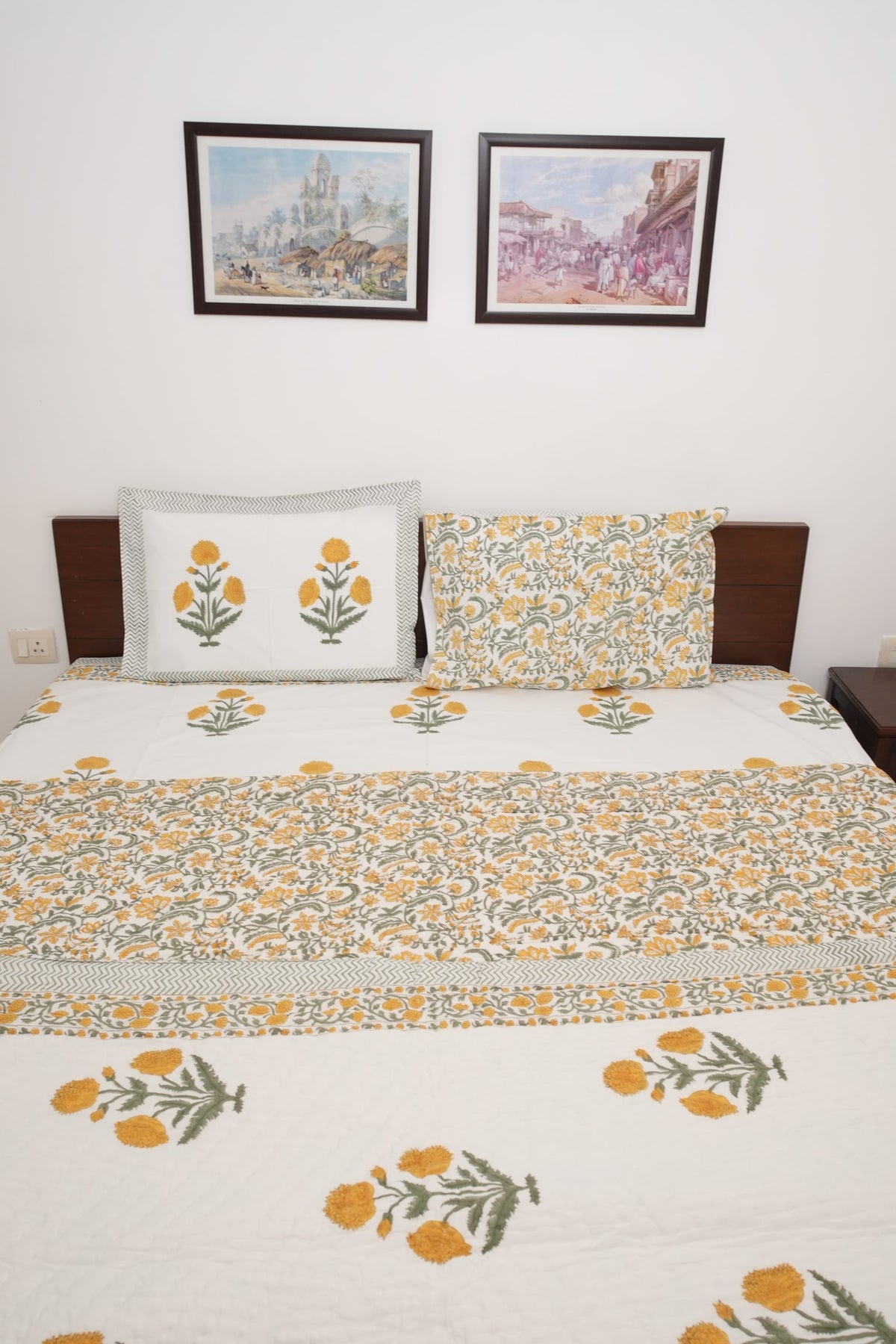 Yellow Poppy Handblock Cotton Percale 300 TC Bedsheet & Double Quilt Set