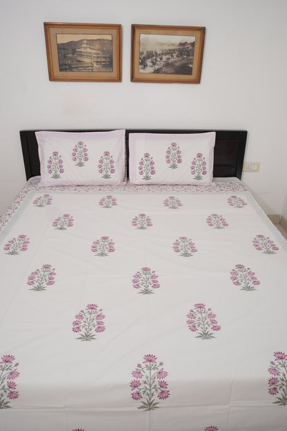 Light Pink Floral Handblock Cotton Percale 300 TC Bedsheet