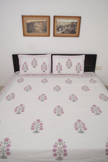 Light Pink Floral Handblock Cotton Percale 300 TC Bedsheet