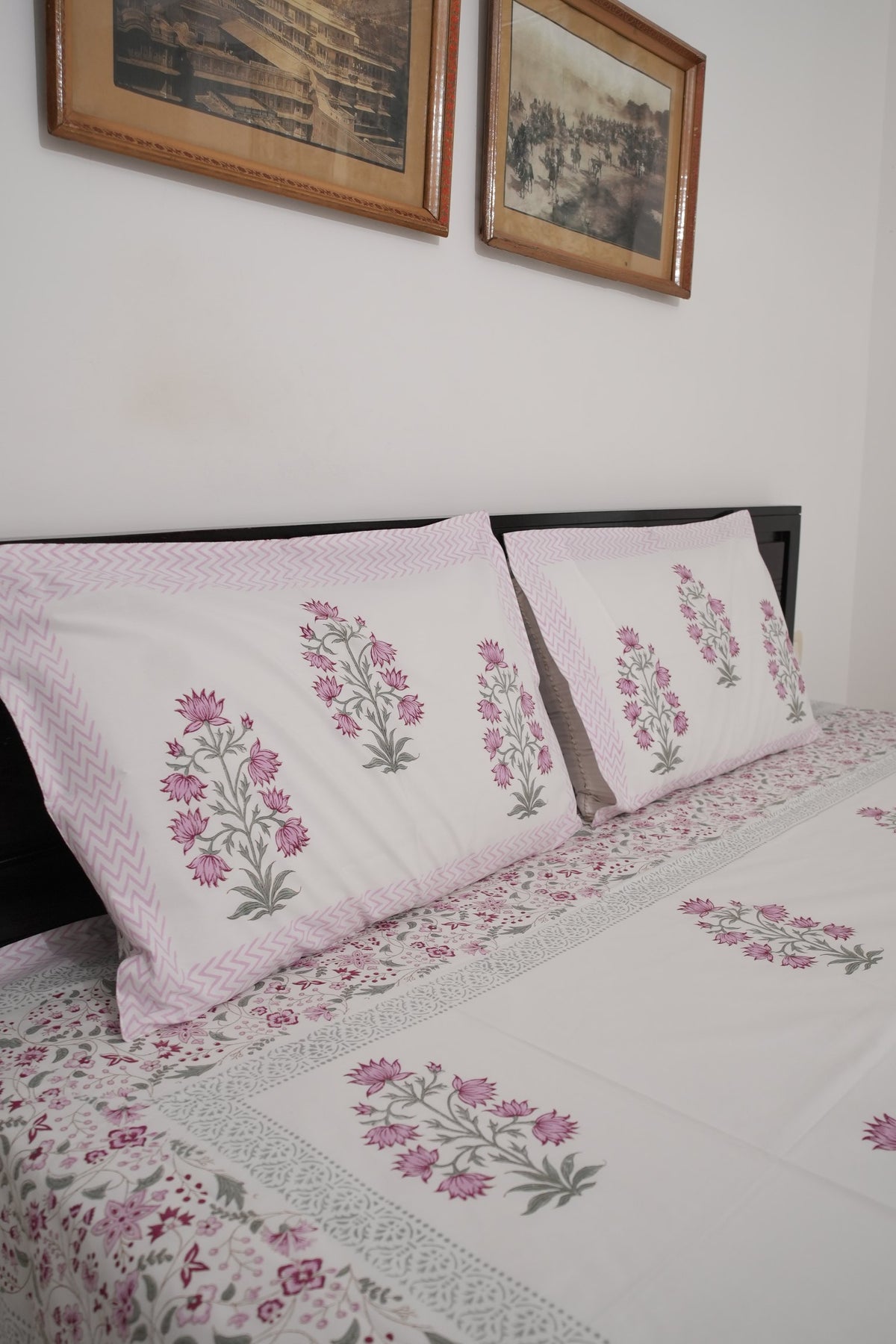 Light Pink Floral Handblock Cotton Percale 300 TC Bedsheet