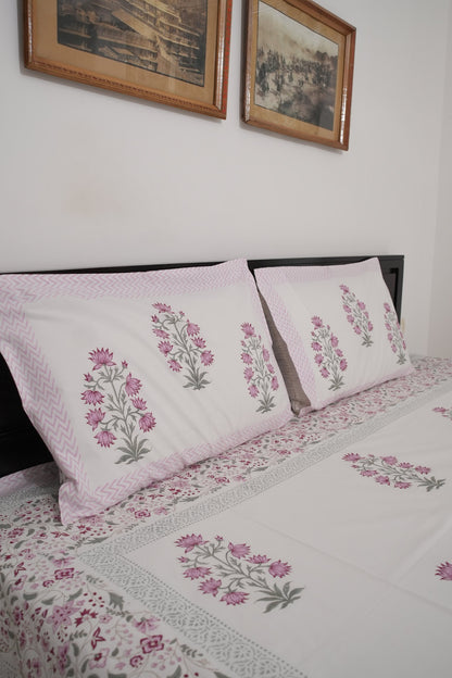 Light Pink Floral Handblock Cotton Percale 300 TC Bedsheet