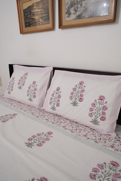 Light Pink Floral Handblock Cotton Percale 300 TC Bedsheet