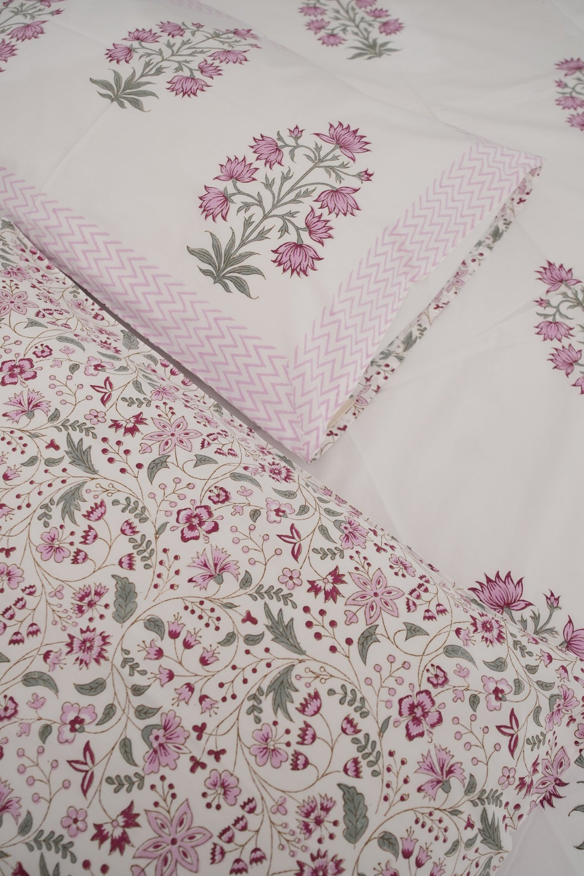 Light Pink Floral Handblock Cotton Percale 300 TC Bedsheet