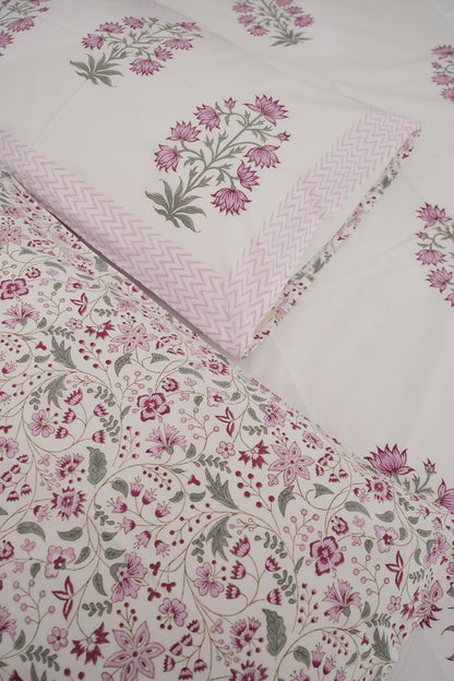 Light Pink Floral Handblock Cotton Percale 300 TC Bedsheet