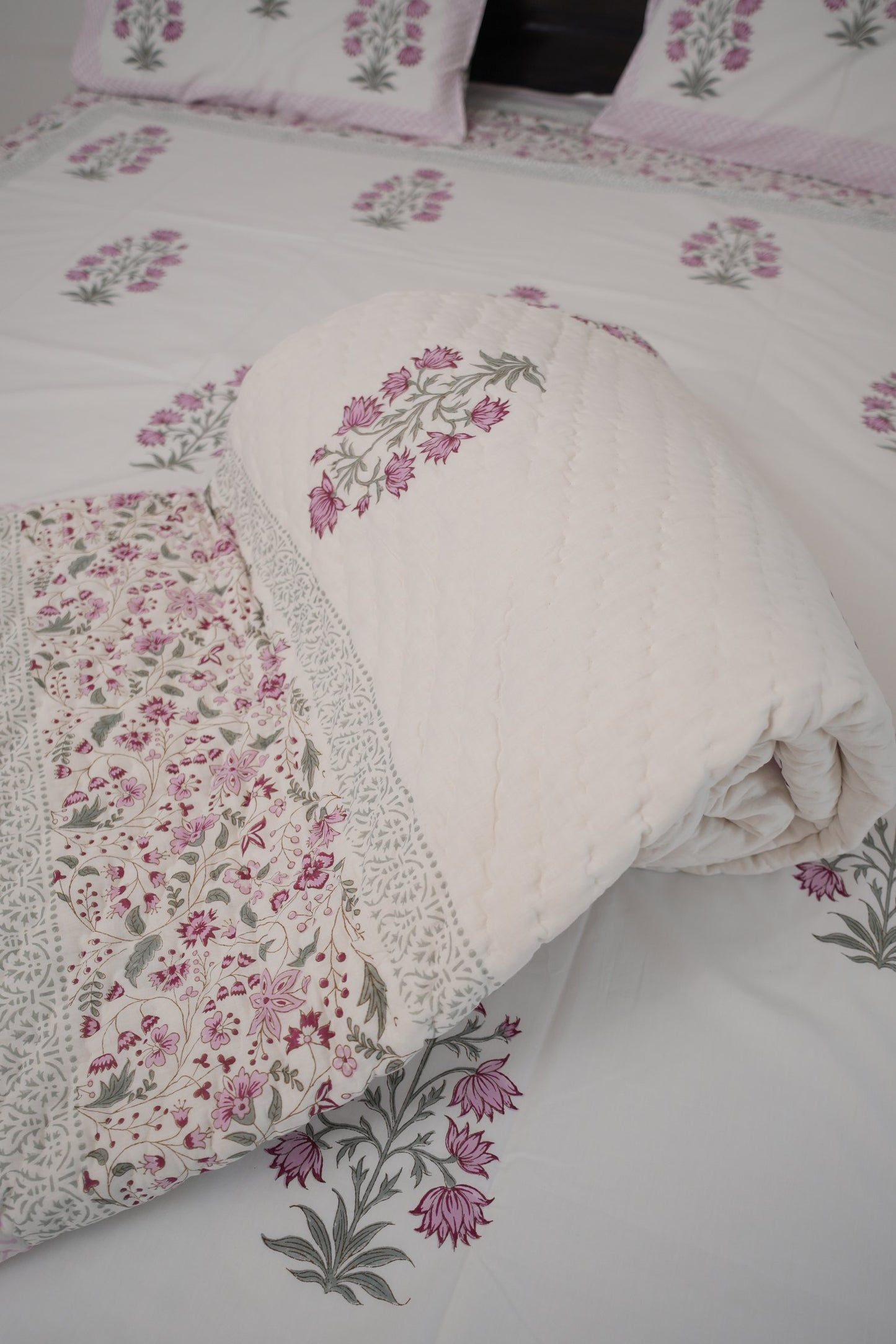 Light Pink Floral Handblock Cotton Percale 300 TC Bedsheet
