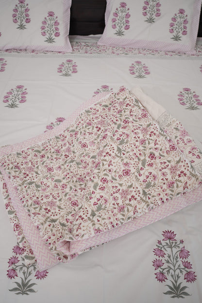 Light Pink Floral Handblock Cotton Percale 300 TC Bedsheet & Double Quilt Set