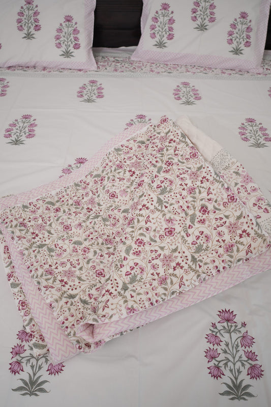 Light Pink Floral Handblock Cotton Percale 300 TC Bedsheet & Double Quilt Set