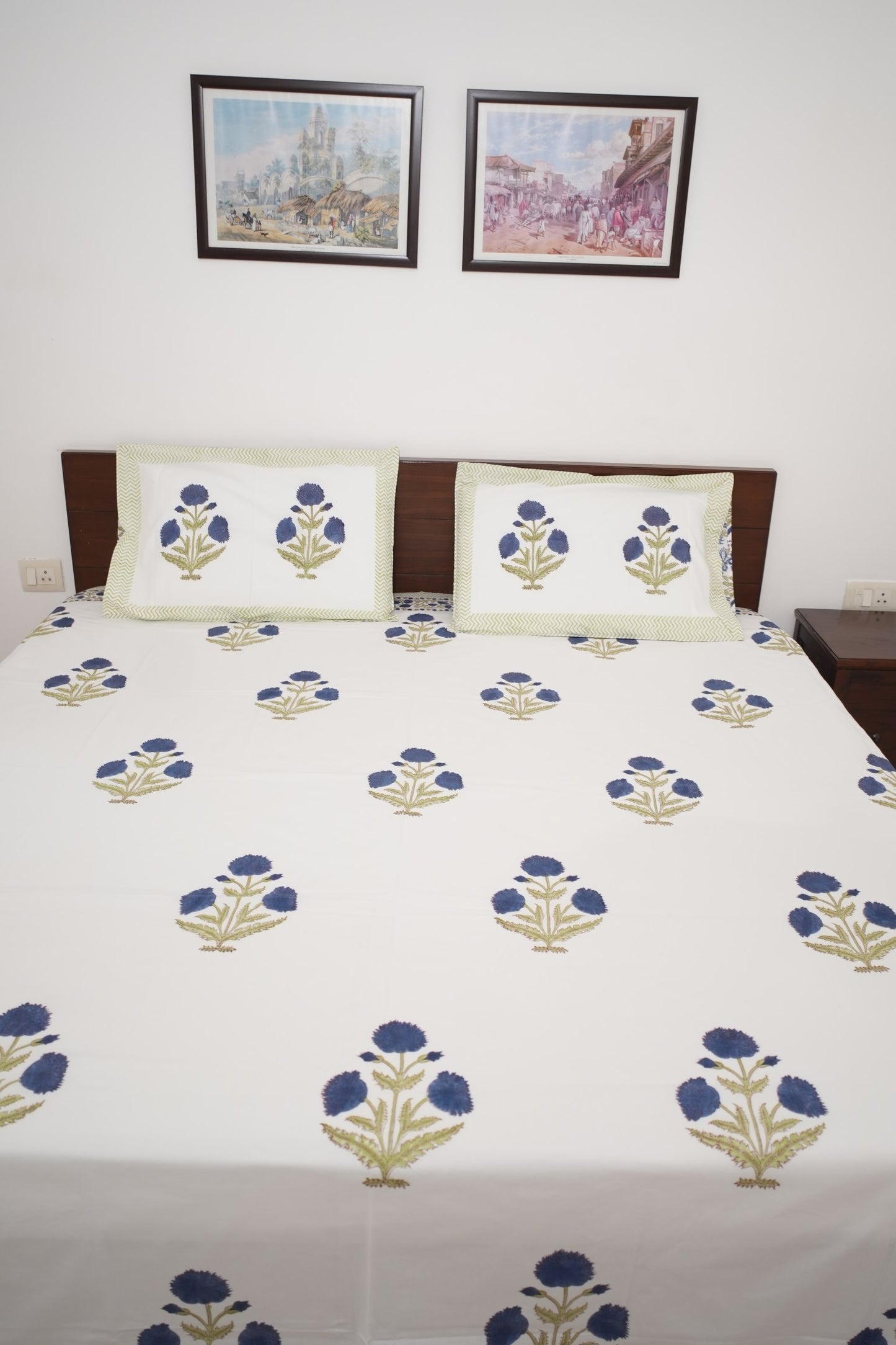 Blue Poppy Handblock Cotton Percale 300 TC Bedsheet