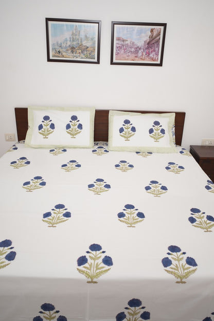 Blue Poppy Handblock Cotton Percale 300 TC Bedsheet