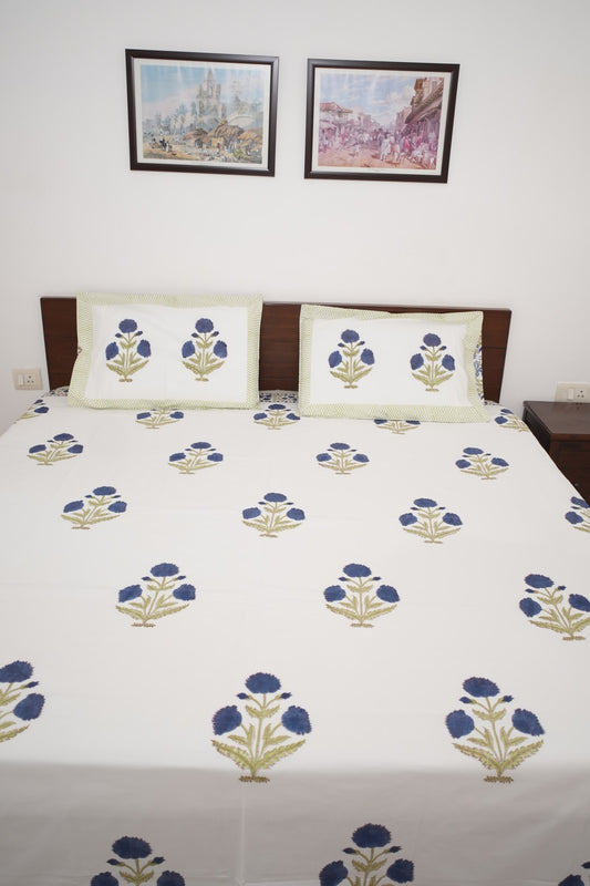 Blue Poppy Handblock Cotton Percale 300 TC Bedsheet