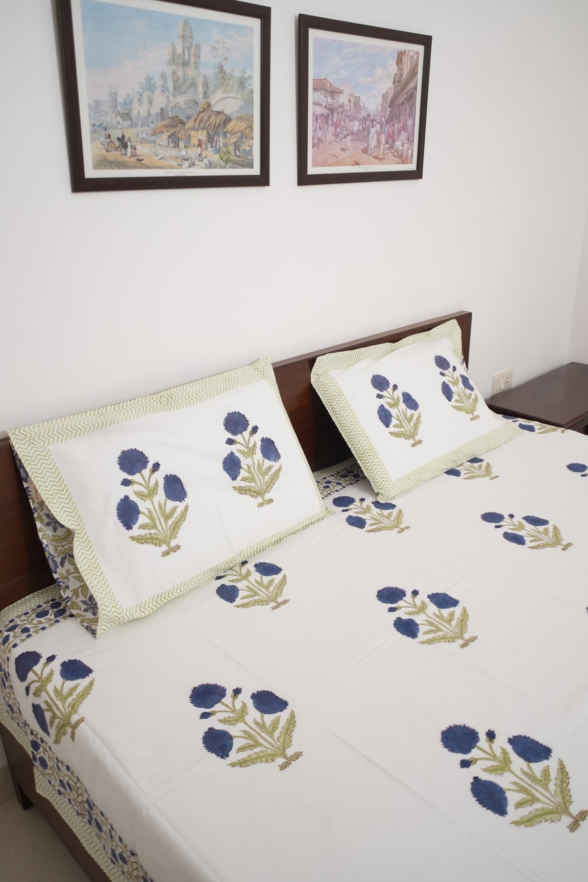 Blue Poppy Handblock Cotton Percale 300 TC Bedsheet