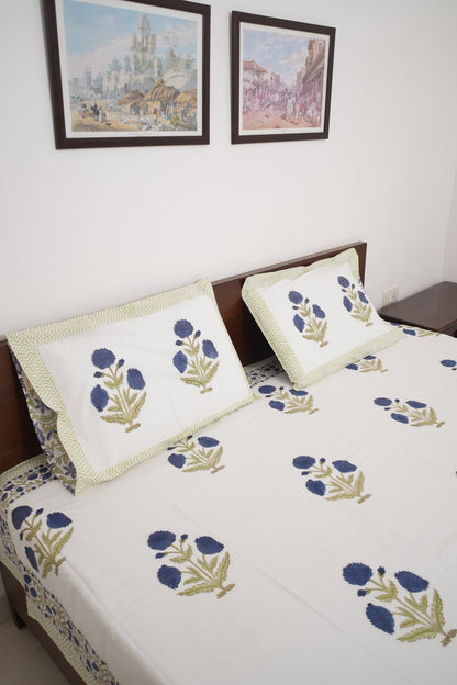 Blue Poppy Handblock Cotton Percale 300 TC Bedsheet