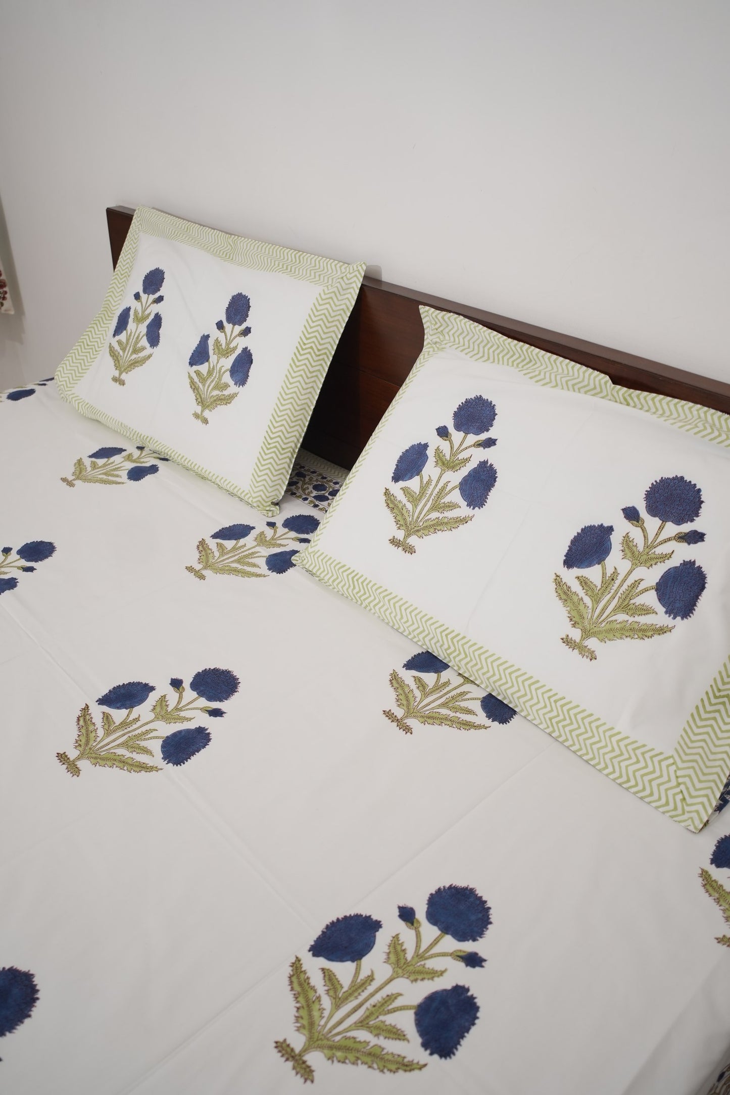 Blue Poppy Handblock Cotton Percale 300 TC Bedsheet
