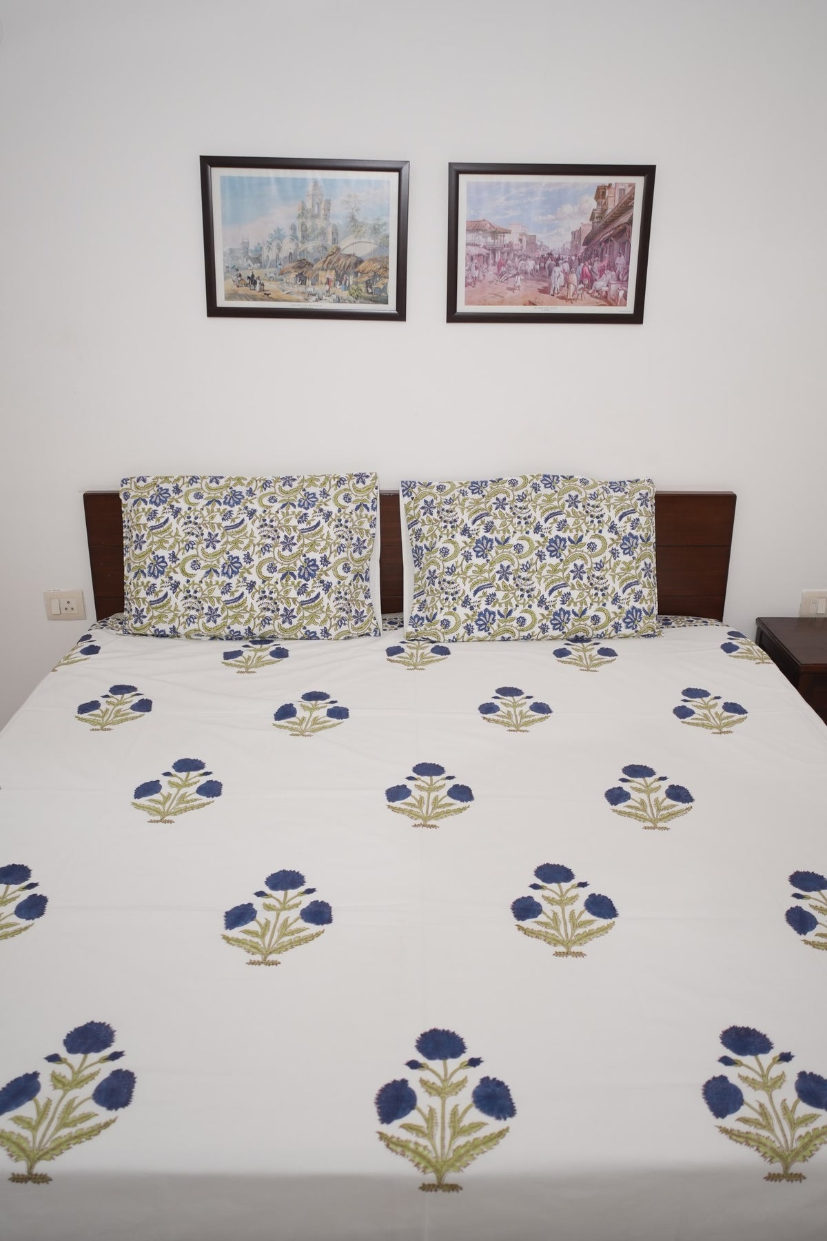 Blue Poppy Handblock Cotton Percale 300 TC Bedsheet