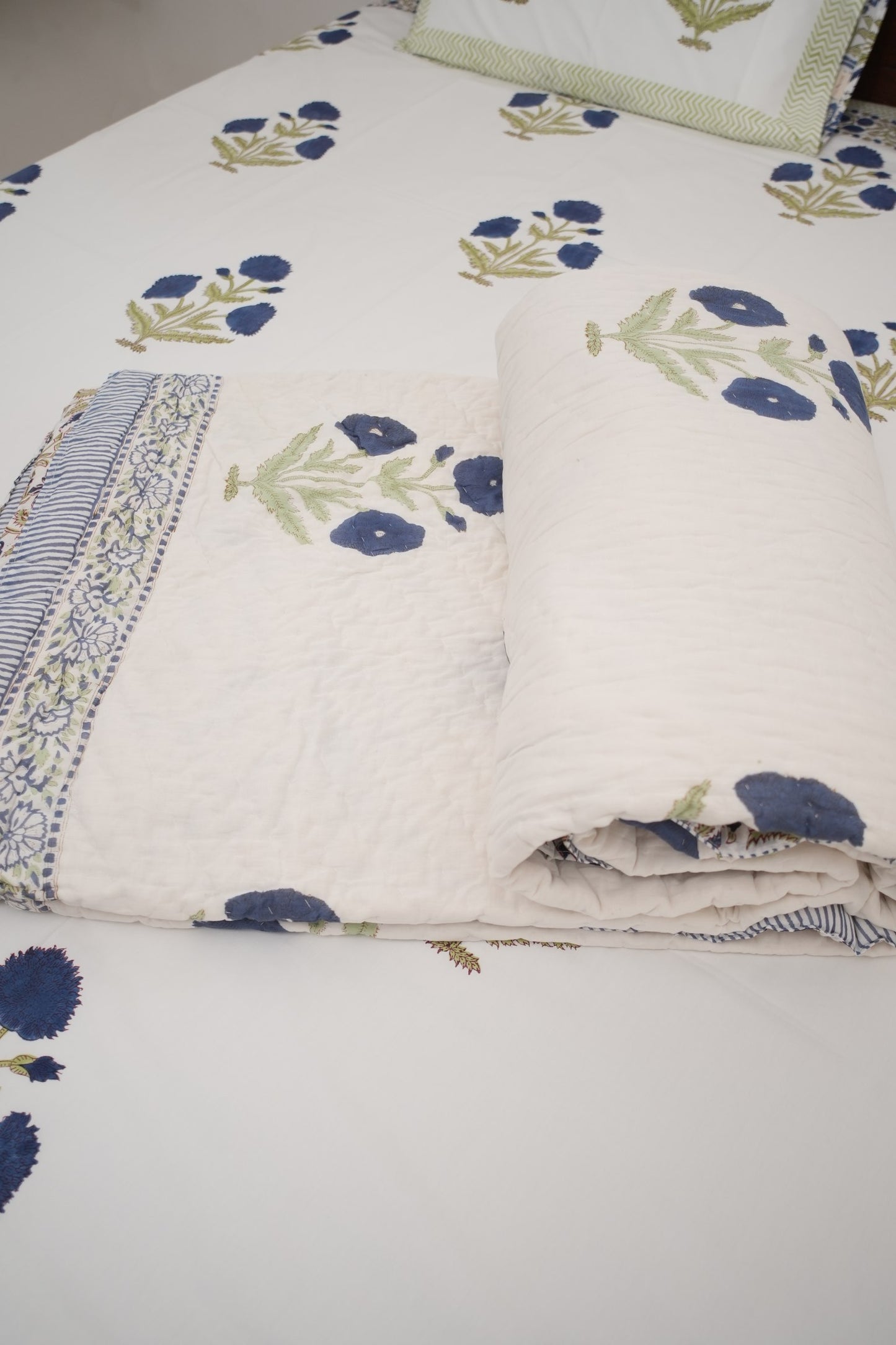 Blue Poppy Handblock Cotton Percale 300 TC Bedsheet