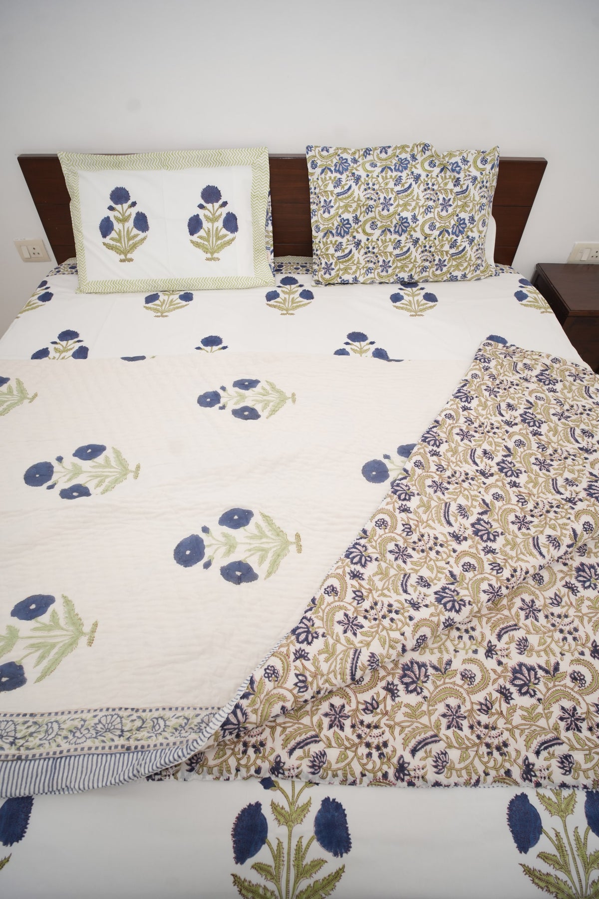 Blue Poppy Handblock Cotton Percale 300 TC Bedsheet