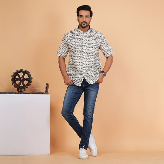 Olive Mist with Meadow Herd Half-Sleeves Shirt