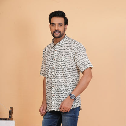 Olive Mist with Meadow Herd Half-Sleeves Shirt