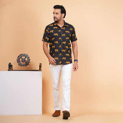 Men's Black Cotton Half-Sleeve Shirt with Leopard Print
