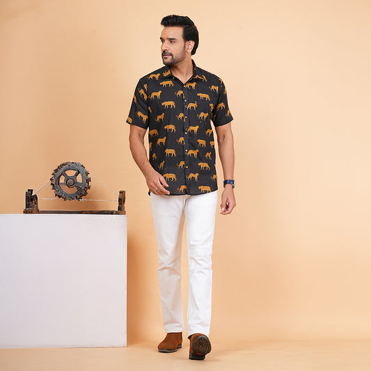 Men's Black Cotton Half-Sleeve Shirt with Leopard Print
