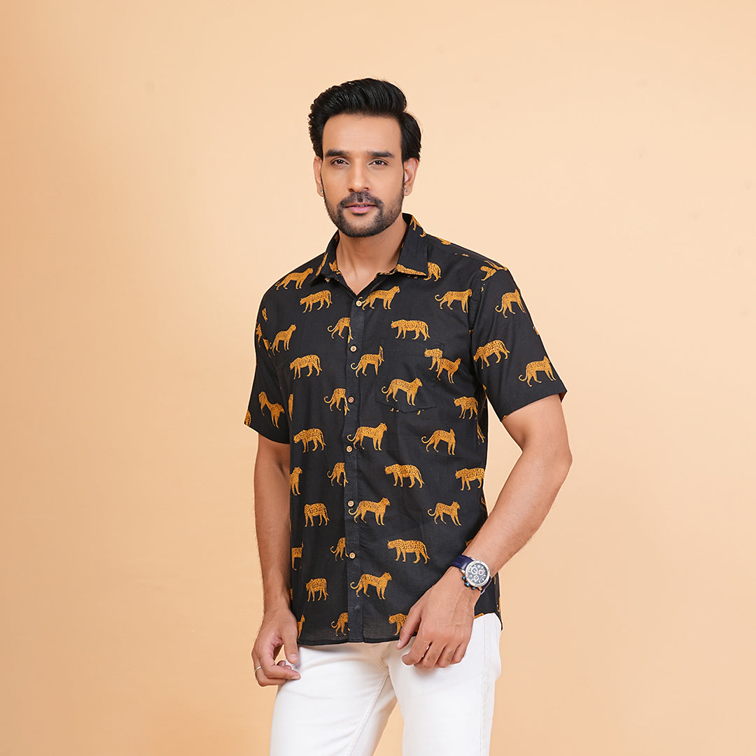Men's Black Cotton Half-Sleeve Shirt with Leopard Print