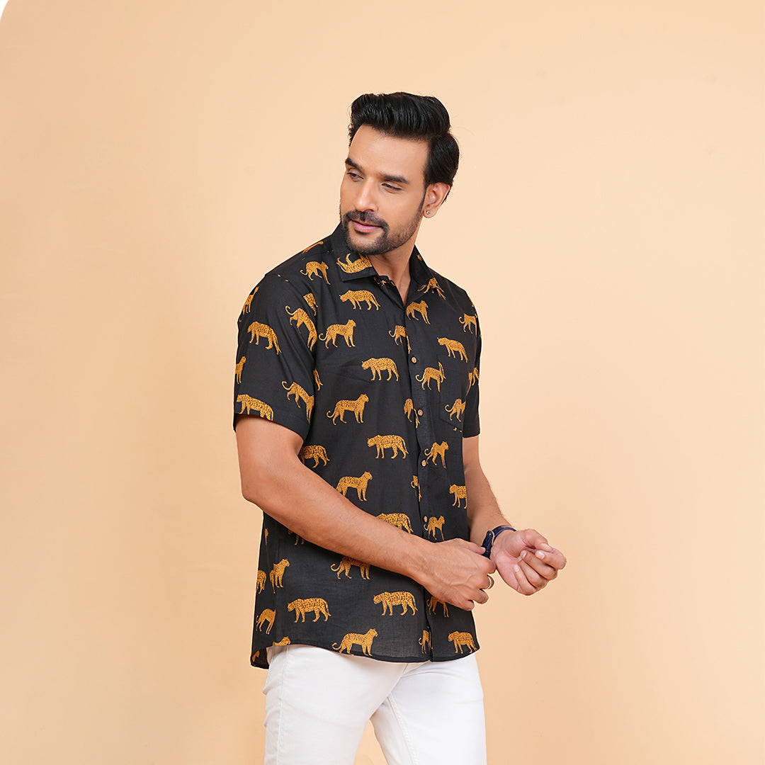 Men's Black Cotton Half-Sleeve Shirt with Leopard Print