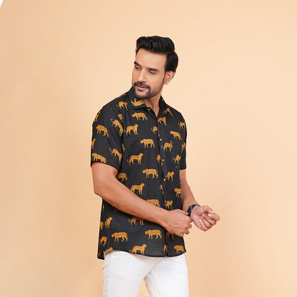 Men's Black Cotton Half-Sleeve Shirt with Leopard Print