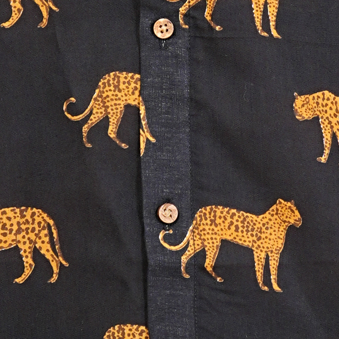 Men's Black Cotton Half-Sleeve Shirt with Leopard Print