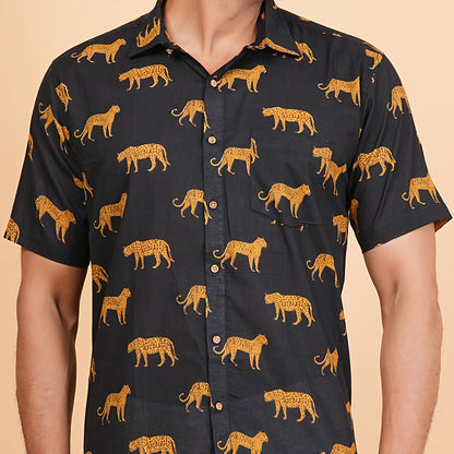 Men's Black Cotton Half-Sleeve Shirt with Leopard Print