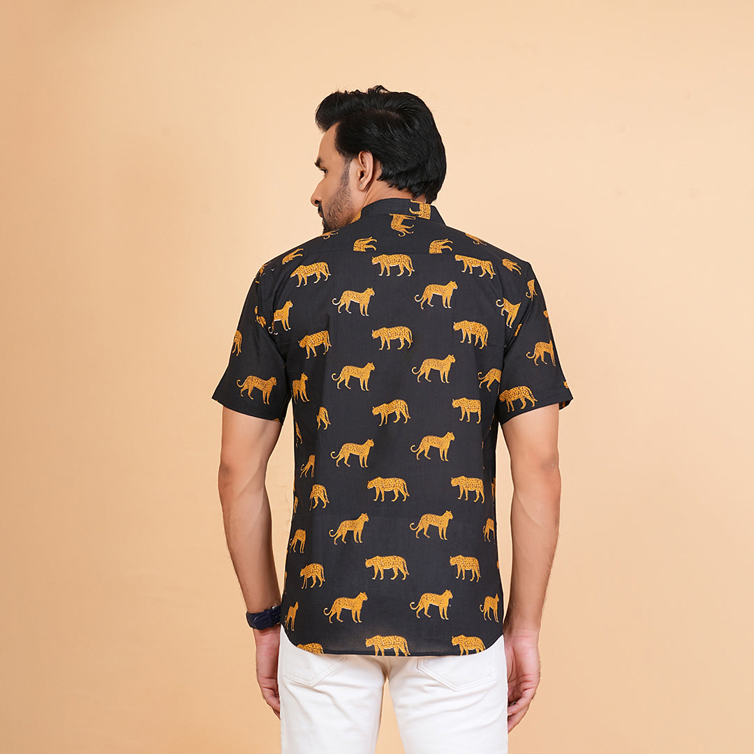 Men's Black Cotton Half-Sleeve Shirt with Leopard Print